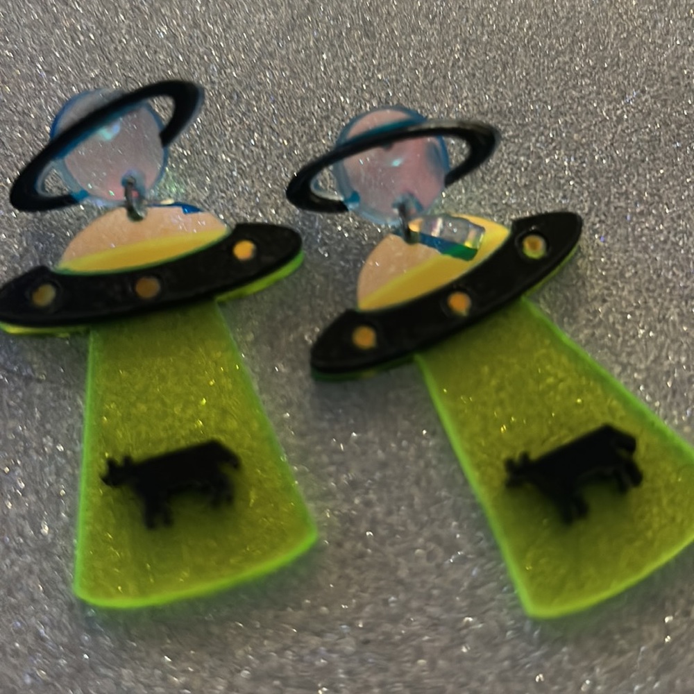 UFO Desert yellow blue Saturn alien cow glow cosmic Barbie earrings space rave - Picture 4 of 5